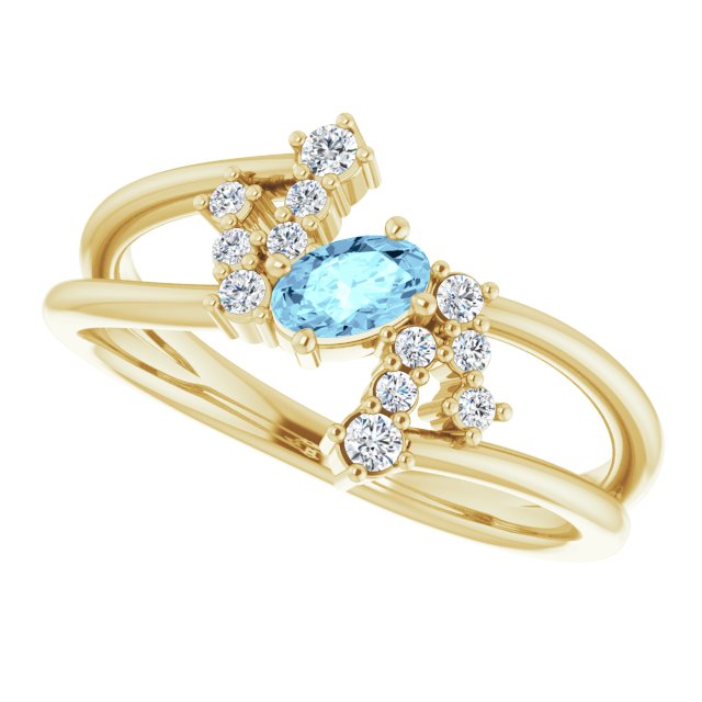 14K Gold Oval Natural Aquamarine & Natural Diamond Accented Bypass Ring – 5x3mm - Yellow Gold - view 5