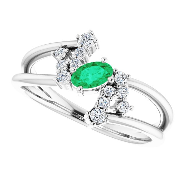 14K Gold Oval Natural Emerald & Natural Diamond Accented Bypass Ring – 5x3mm - White Gold - view 5