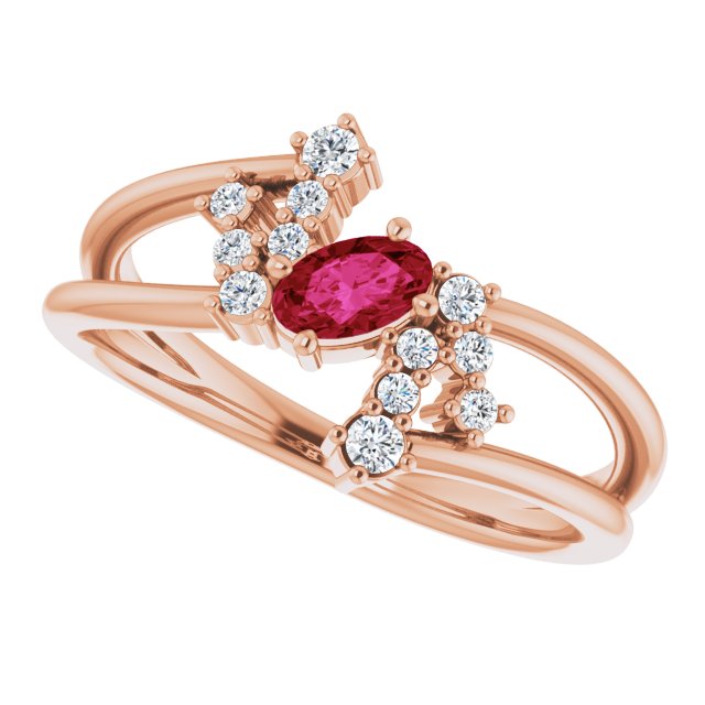 14K Gold Oval Natural Ruby & Natural Diamond Accented Bypass Ring – 5x3mm - Rose Gold - view 5