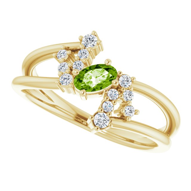 14K Gold Oval Natural Peridot & Natural Diamond Accented Bypass Ring – 5x3mm - Yellow Gold - view 5