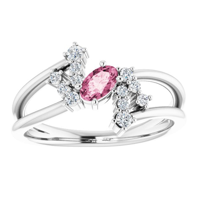 Platinum Oval Natural Pink Tourmaline & Natural Diamond Accented Bypass Ring – 5x3mm - view 3
