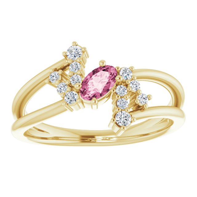 14K Gold Oval Natural Pink Tourmaline & Natural Diamond Accented Bypass Ring – 5x3mm - Yellow Gold - view 3
