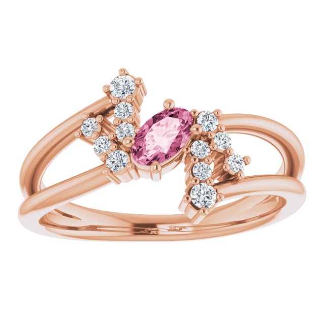 14K Gold Oval Natural Pink Tourmaline & Natural Diamond Accented Bypass Ring – 5x3mm - Rose Gold - view 3