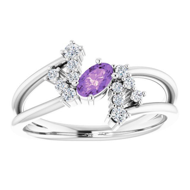 14K Gold Oval Natural Amethyst & Natural Diamond Accented Bypass Ring – 5x3mm - White Gold - view 3