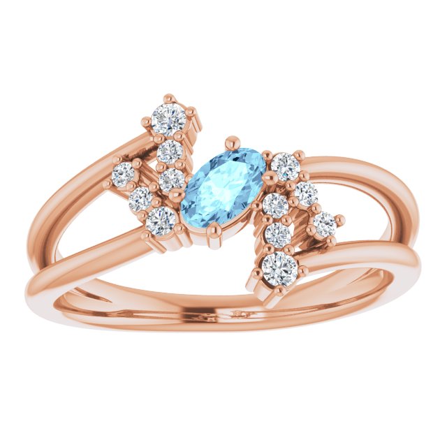 14K Gold Oval Natural Aquamarine & Natural Diamond Accented Bypass Ring – 5x3mm - Rose Gold - view 3