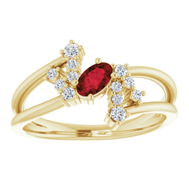 14K Gold Oval Natural Mozambique Garnet & Natural Diamond Accented Bypass Ring – 5x3mm - Yellow Gold - view 3