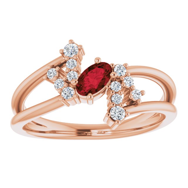 14K Gold Oval Natural Mozambique Garnet & Natural Diamond Accented Bypass Ring – 5x3mm - Rose Gold - view 3