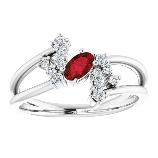 14K Gold Oval Natural Mozambique Garnet & Natural Diamond Accented Bypass Ring – 5x3mm - White Gold - view 3