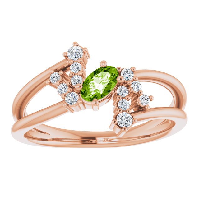14K Gold Oval Natural Peridot & Natural Diamond Accented Bypass Ring – 5x3mm - Rose Gold - view 3