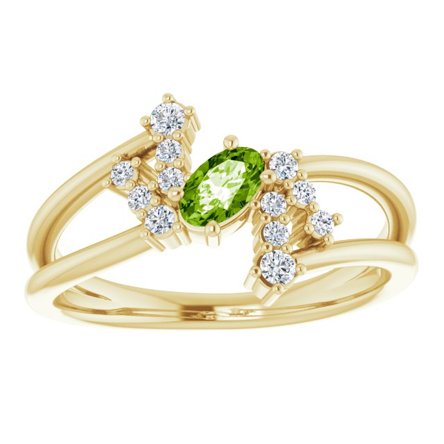 14K Gold Oval Natural Peridot & Natural Diamond Accented Bypass Ring – 5x3mm - Yellow Gold - view 3