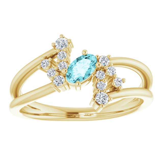 14K Gold Oval Natural Blue Zircon & Natural Diamond Accented Bypass Ring – 5x3mm - Yellow Gold - view 3