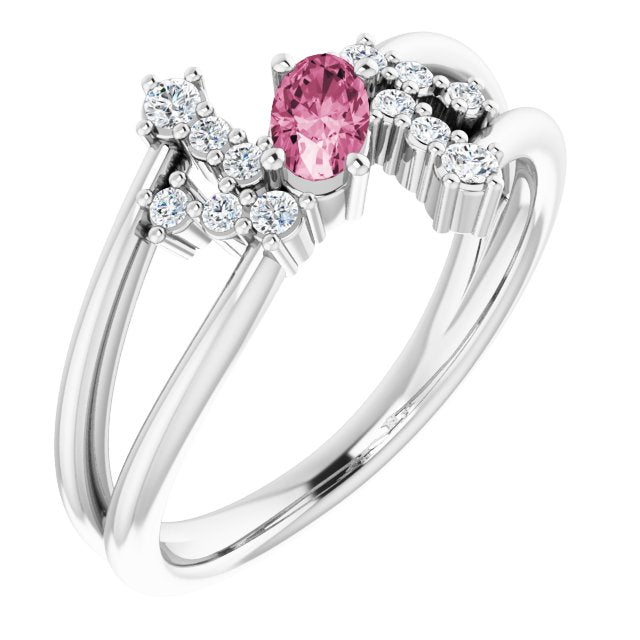 14K Gold Oval Natural Pink Tourmaline & Natural Diamond Accented Bypass Ring – 5x3mm - White Gold