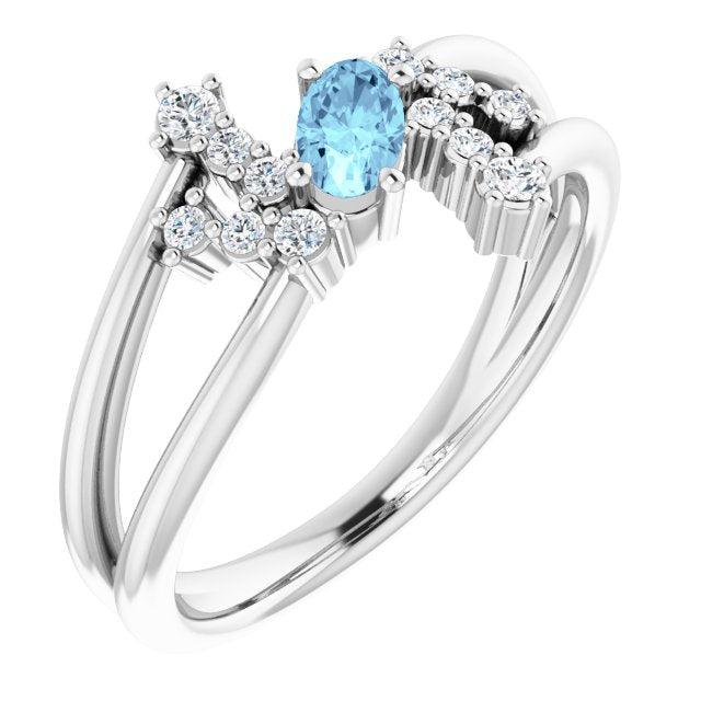14K Gold Oval Natural Aquamarine & Natural Diamond Accented Bypass Ring – 5x3mm - White Gold
