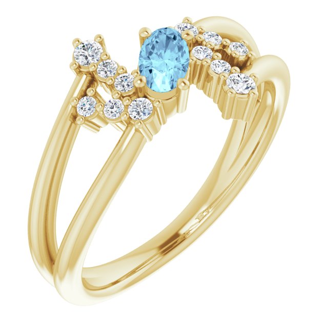 14K Gold Oval Natural Aquamarine & Natural Diamond Accented Bypass Ring – 5x3mm - Yellow Gold