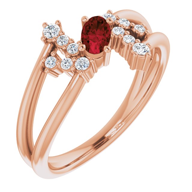 14K Gold Oval Natural Mozambique Garnet & Natural Diamond Accented Bypass Ring – 5x3mm - Rose Gold