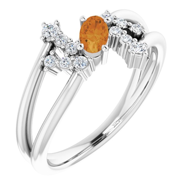 14K Gold Oval Natural Citrine & Natural Diamond Accented Bypass Ring – 5x3mm - White Gold