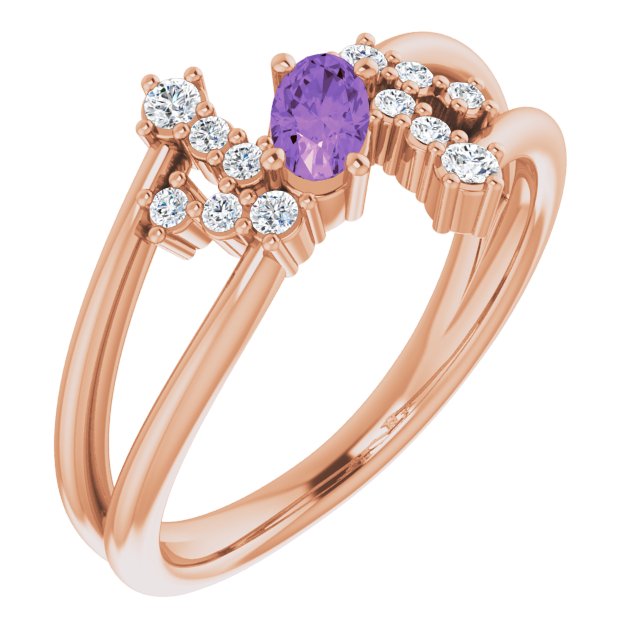 14K Gold Oval Natural Amethyst & Natural Diamond Accented Bypass Ring – 5x3mm - Rose Gold