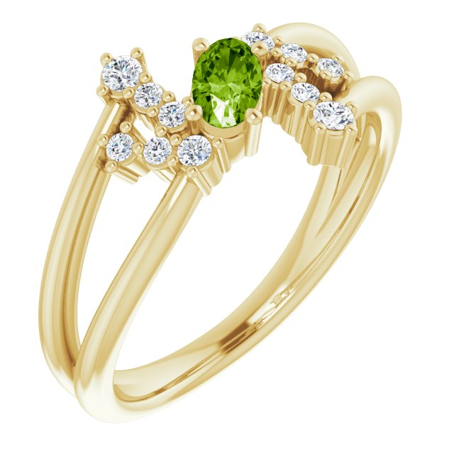 14K Gold Oval Natural Peridot & Natural Diamond Accented Bypass Ring – 5x3mm - Yellow Gold