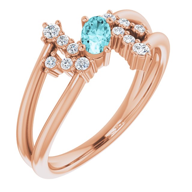 14K Gold Oval Natural Blue Zircon & Natural Diamond Accented Bypass Ring – 5x3mm - Rose Gold