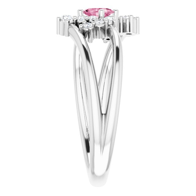 14K Gold Oval Natural Pink Tourmaline & Natural Diamond Accented Bypass Ring – 5x3mm - White Gold - view 4