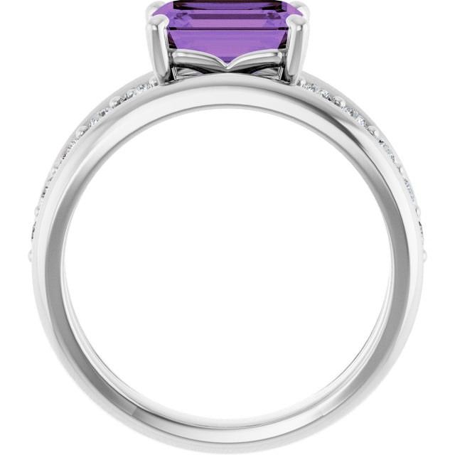 14K Gold Emerald Natural Amethyst & Natural Diamond Accented Ring - White Gold - view 2
