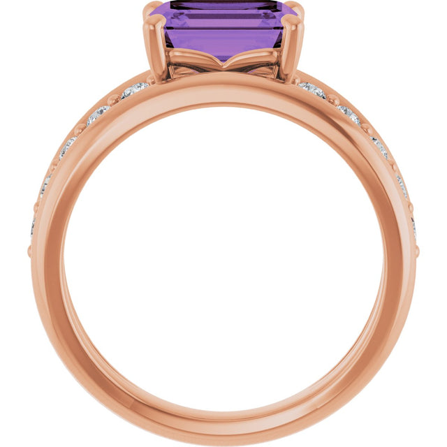14K Gold Emerald Natural Amethyst & Natural Diamond Accented Ring - Rose Gold - view 2