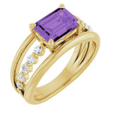 14K Gold Emerald Natural Amethyst & Natural Diamond Accented Ring - Yellow Gold