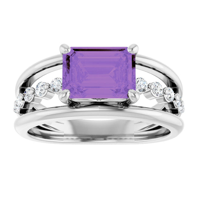 14K Gold Emerald Natural Amethyst & Natural Diamond Accented Ring - White Gold - view 3