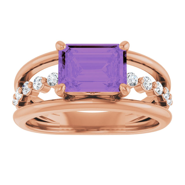 14K Gold Emerald Natural Amethyst & Natural Diamond Accented Ring - Rose Gold - view 3