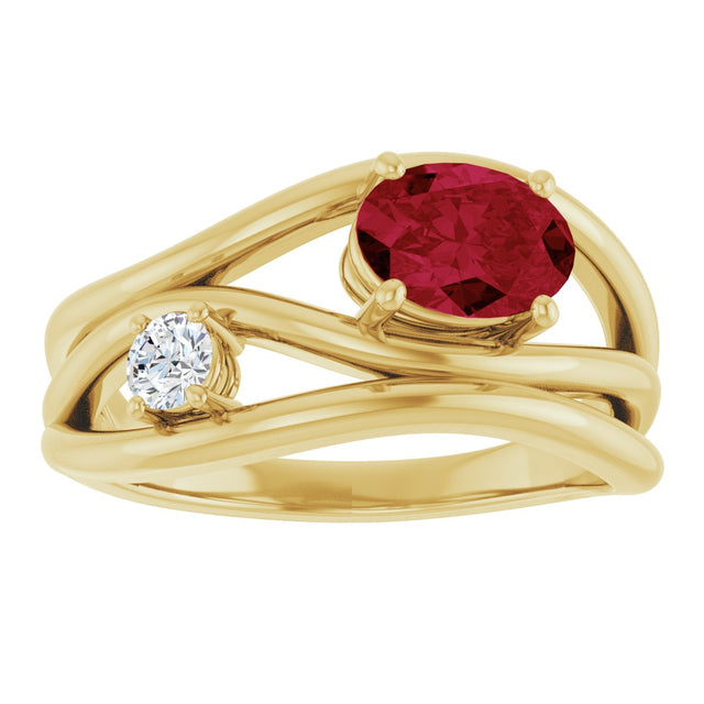 14K Gold Oval Lab-Grown Ruby & Natural Diamond Accented Ring – 7x5mm - Yellow Gold - view 3