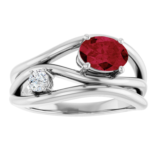 14K Gold Oval Lab-Grown Ruby & Natural Diamond Accented Ring – 7x5mm - White Gold - view 3