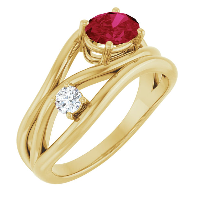 14K Gold Oval Lab-Grown Ruby & Natural Diamond Accented Ring – 7x5mm - Yellow Gold