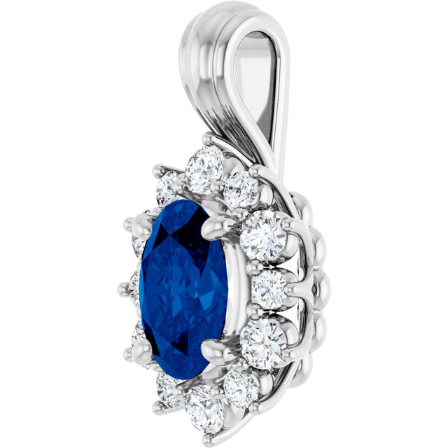 14K Gold Oval Natural Blue Sapphire & Natural Diamond Halo-Style Pendant - White Gold - view 2