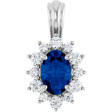14K Gold Oval Natural Blue Sapphire & Natural Diamond Halo-Style Pendant - White Gold