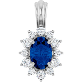 14K Gold Oval Natural Blue Sapphire & Natural Diamond Halo-Style Pendant - White Gold