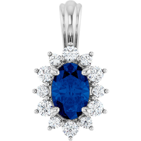 14K Gold Oval Natural Blue Sapphire & Natural Diamond Halo-Style Pendant - White Gold