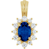 14K Gold Oval Natural Blue Sapphire & Natural Diamond Halo-Style Pendant - Yellow Gold