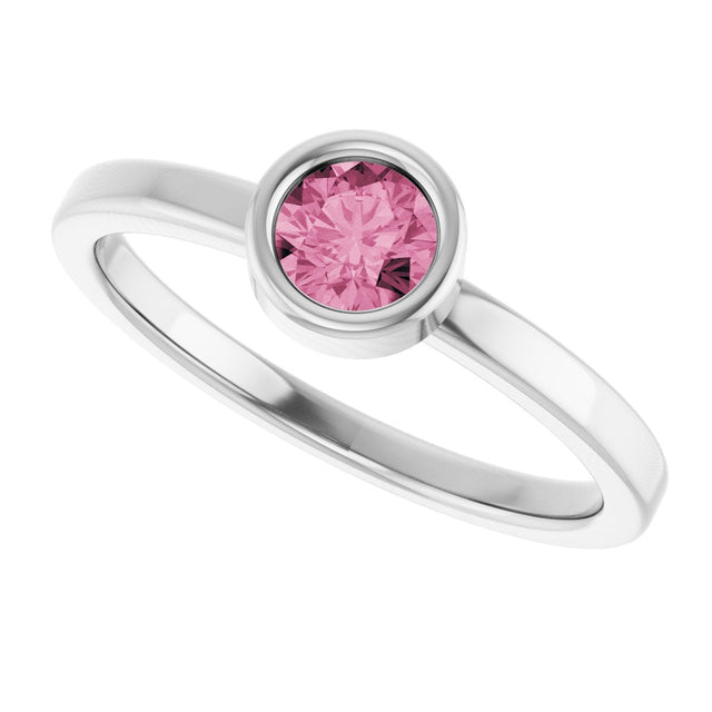 Platinum Round Natural Pink Tourmaline Bezel-Set Solitaire Ring - view 10