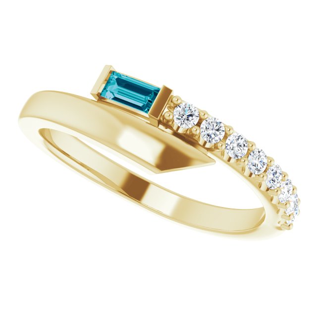 14K Gold Straight Baguette Natural London Blue Topaz & Natural Diamond Bypass Ring – 4x2mm - Yellow Gold - view 5
