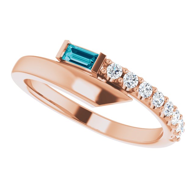 14K Gold Straight Baguette Natural London Blue Topaz & Natural Diamond Bypass Ring – 4x2mm - Rose Gold - view 5