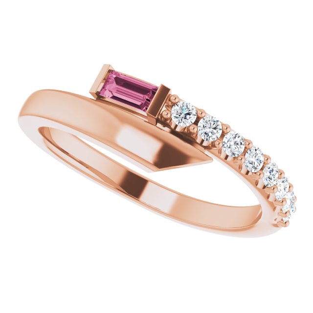 14K Gold Straight Baguette Natural Pink Sapphire & Natural Diamond Bypass Ring – 4x2mm - Rose Gold - view 5