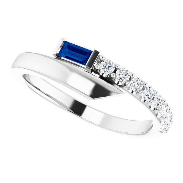 14K Gold Straight Baguette Natural Blue Sapphire & Natural Diamond Bypass Ring – 4x2mm - White Gold - view 5