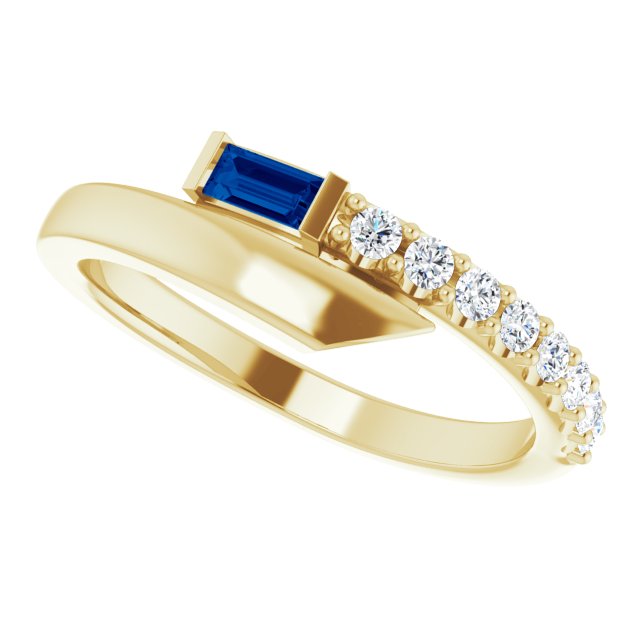 14K Gold Straight Baguette Natural Blue Sapphire & Natural Diamond Bypass Ring – 4x2mm - Yellow Gold - view 5