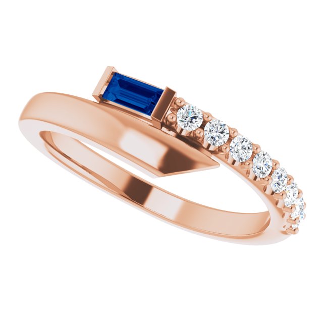 14K Gold Straight Baguette Natural Blue Sapphire & Natural Diamond Bypass Ring – 4x2mm - Rose Gold - view 5