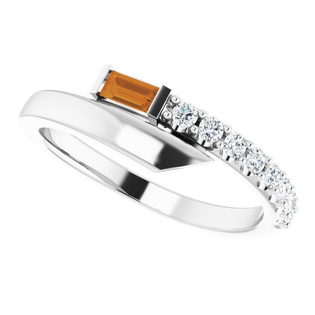 14K Gold Straight Baguette Natural Citrine & Natural Diamond Bypass Ring - White Gold - view 5