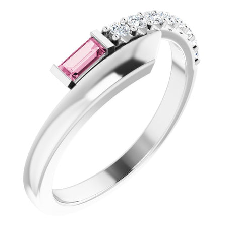14K Gold Straight Baguette Natural Pink Sapphire & Natural Diamond Bypass Ring – 4x2mm - White Gold