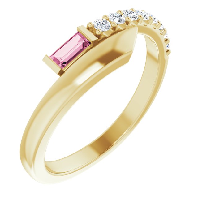 14K Gold Straight Baguette Natural Pink Sapphire & Natural Diamond Bypass Ring – 4x2mm - Yellow Gold