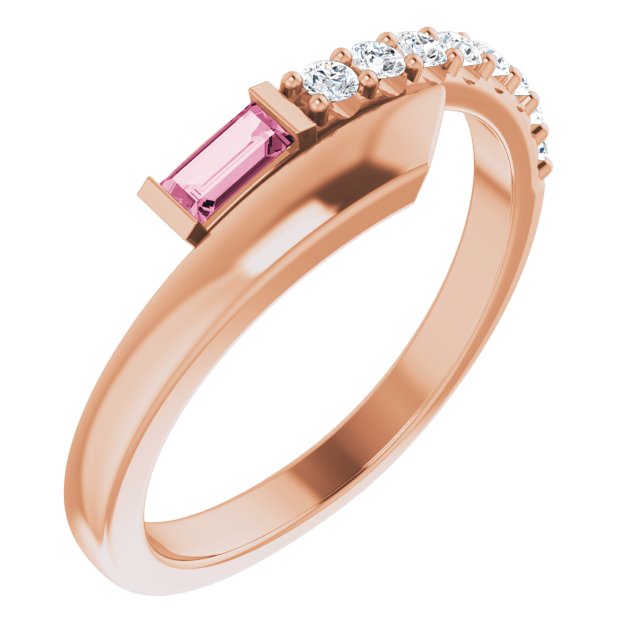 14K Gold Straight Baguette Natural Pink Sapphire & Natural Diamond Bypass Ring – 4x2mm - Rose Gold