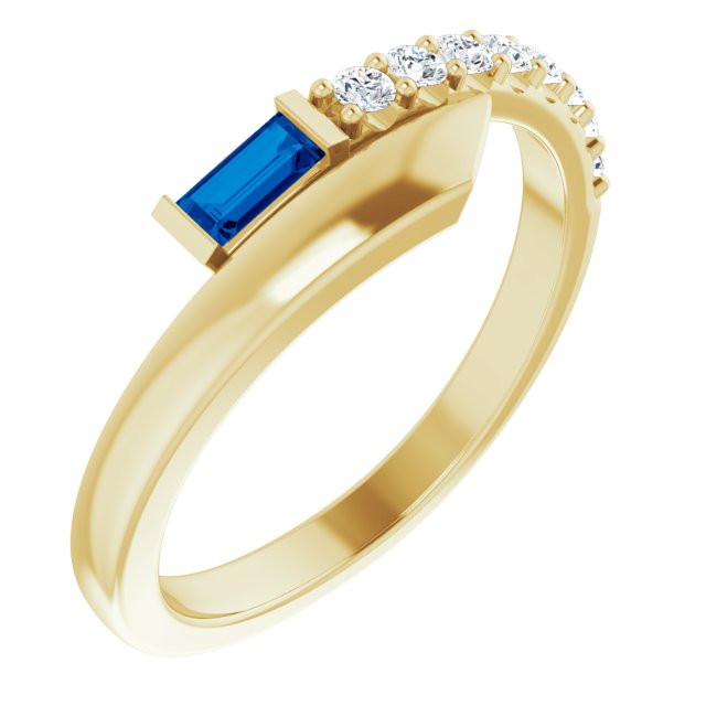 14K Gold Straight Baguette Natural Blue Sapphire & Natural Diamond Bypass Ring – 4x2mm - Yellow Gold