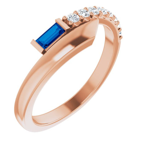 14K Gold Straight Baguette Natural Blue Sapphire & Natural Diamond Bypass Ring – 4x2mm - Rose Gold